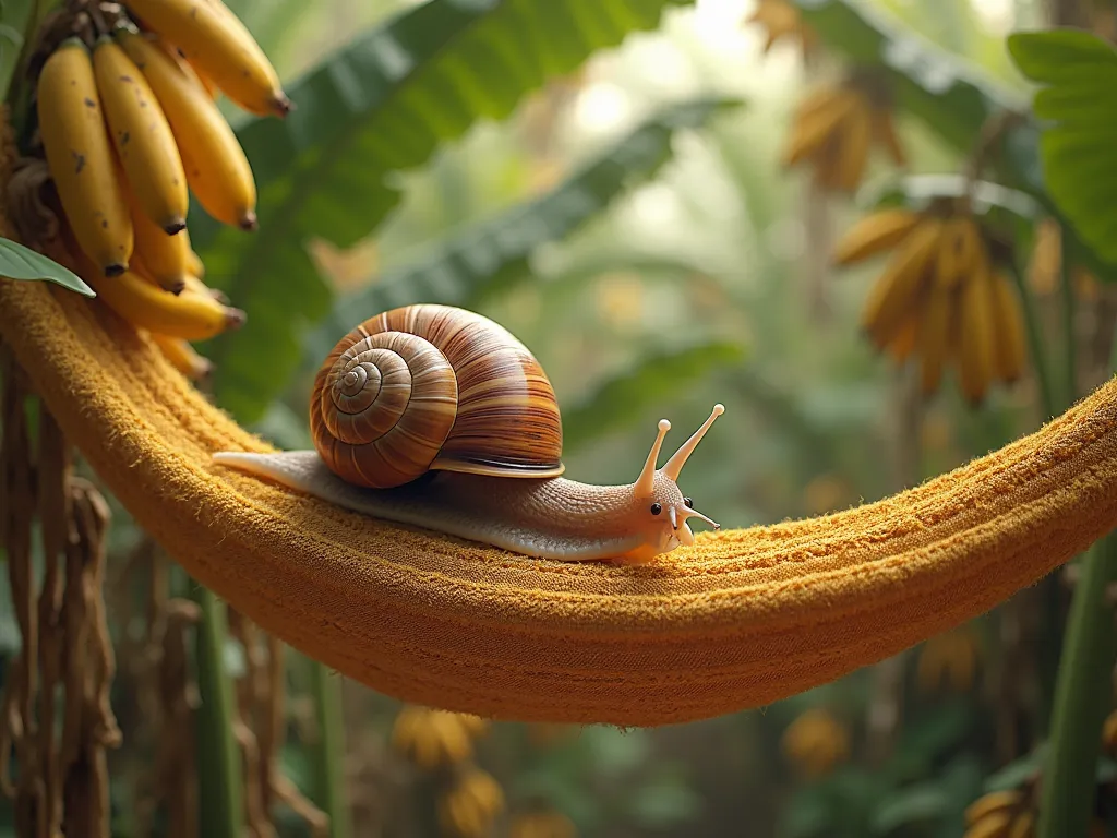 give me a picture of a snail crawling on a piece of cloth, banana garden landscape