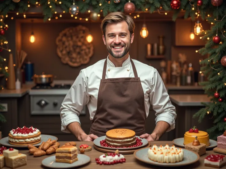 realistic,photography:Pastry chef in the kitchen,Beck ,dessert展示,cake,dessert,biscuit,Russian, pastry chef in work clothes , S...