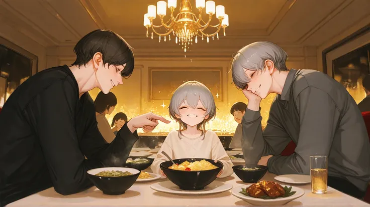 A lively family dinner, the golden glow of the chandelier reflecting off the steaming dishes. Jiwon, the 19-year-old younger bro...
