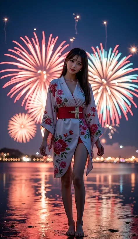 real image like the photo、8k、Fireworks display on a summer night、Watching fireworks、long legs、Thin ankles、full body picture、back...