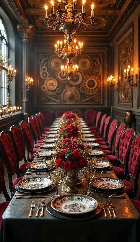 A grand Steampunk-inspired Gothic wedding banquet set in a luxurious Victorian hall, antique brass and black decor, long tables ...