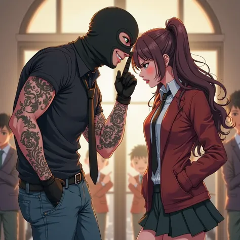 full-length characters,(A young guy in a balaclava, gloved , in jeans ,in a black shirt,in a tie, with small tattoos on her arms...