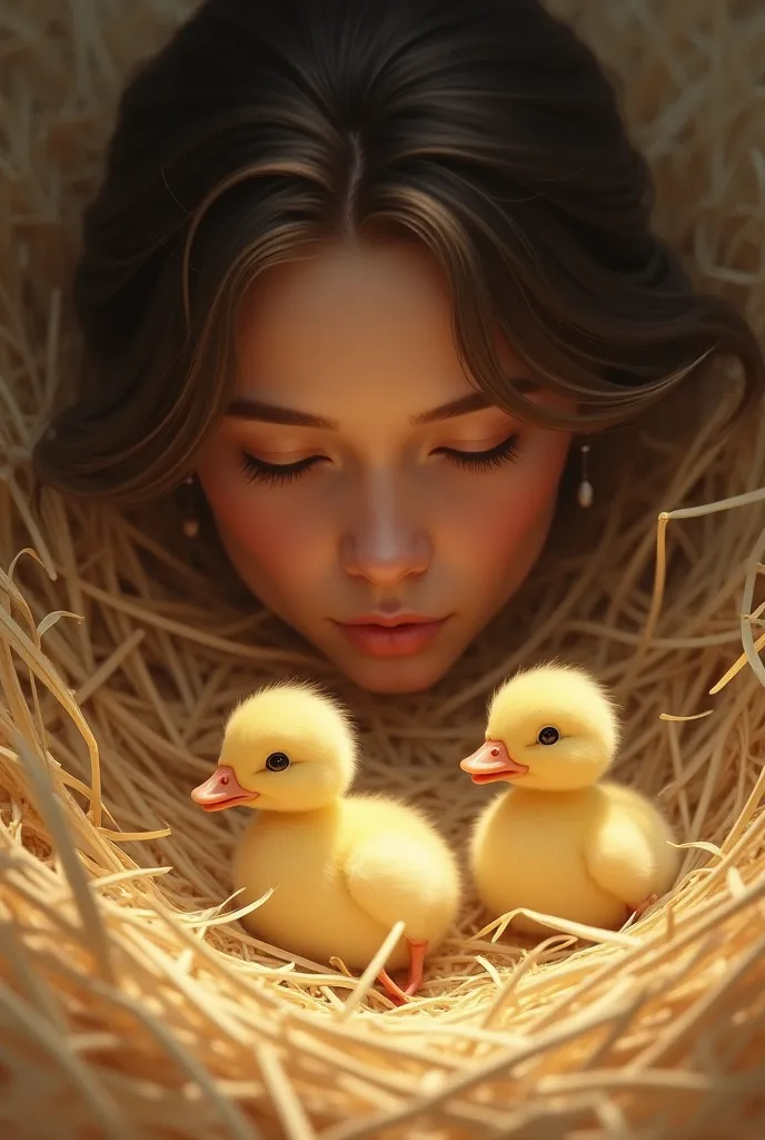 one morning she heard a quiet squeak and opening her eyes, saw ducklings, who like little, fluffy balls rolling under the hay.
