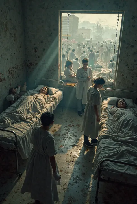 Create me an image at the time of cholera in Peru, in a hospital as it was reality and that paaana in the streets in Etileño