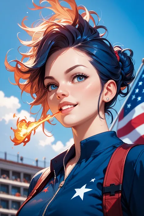 A person who clearly represents America,Preferably with an American flag package,Shoot a punch that caught fire