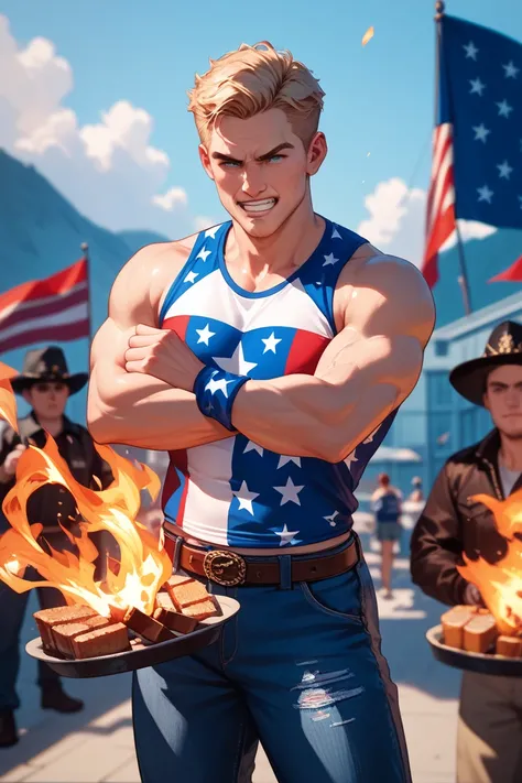 A man who clearly represents America,Preferably with an American flag package,Shoot a punch that caught fire,Fist wrapped in fir...