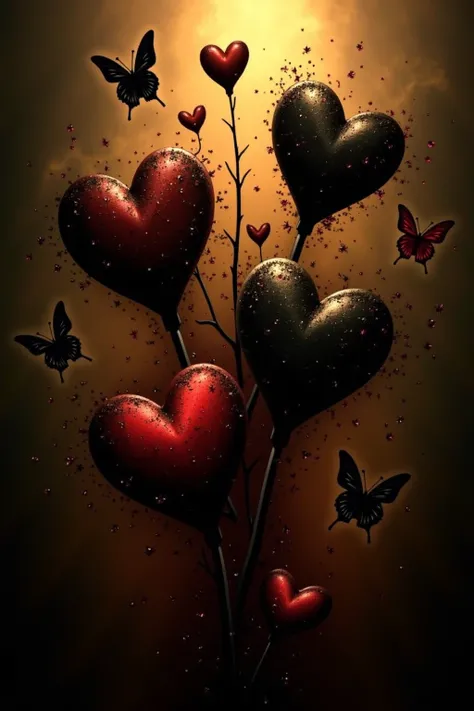 In a dark fantasy illustration, gothic hearts in shades of black, burgundy, and gold are splashed across the canvas, surrounded ...