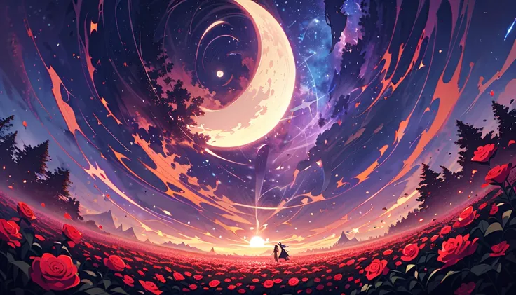 Ultra Wide Angle,null,Expanding field of roses ,(Man and woman kiss in the wind),( full moon:0.9),(nebula:1.1),Distant Mountain々...