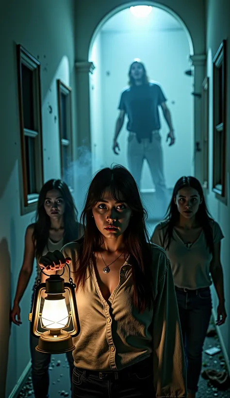 Prompt:
"A tense and eerie scene featuring a group of frightened people resembling Jungkook, Irene, Rebecca Patricia Armstrong, ...