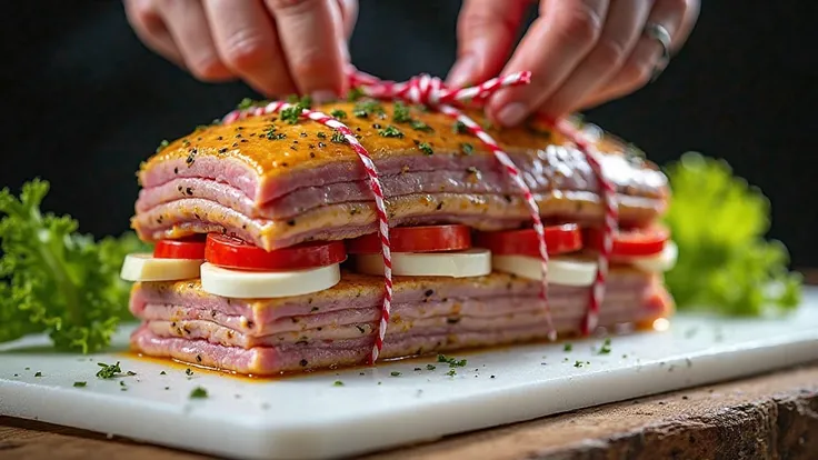 A close-up of a layered raw pork roast being assembled by hand, captured at the moment when red and white butcher’s twine is bei...