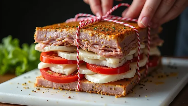 A close-up of a layered raw pork roast being assembled by hand, captured at the moment when red and white butcher’s twine is bei...