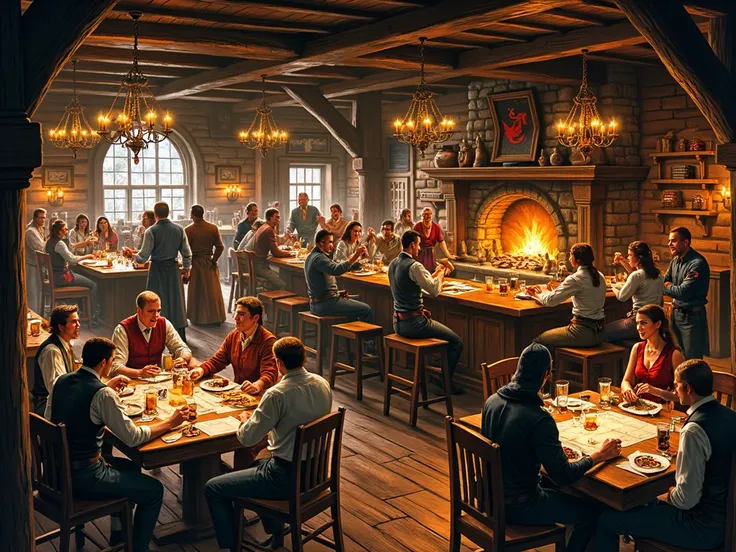 Inside the Red Dragon Inn, a lively and warm atmosphere fills the air. The grand wooden interior is lit by flickering chandelier...