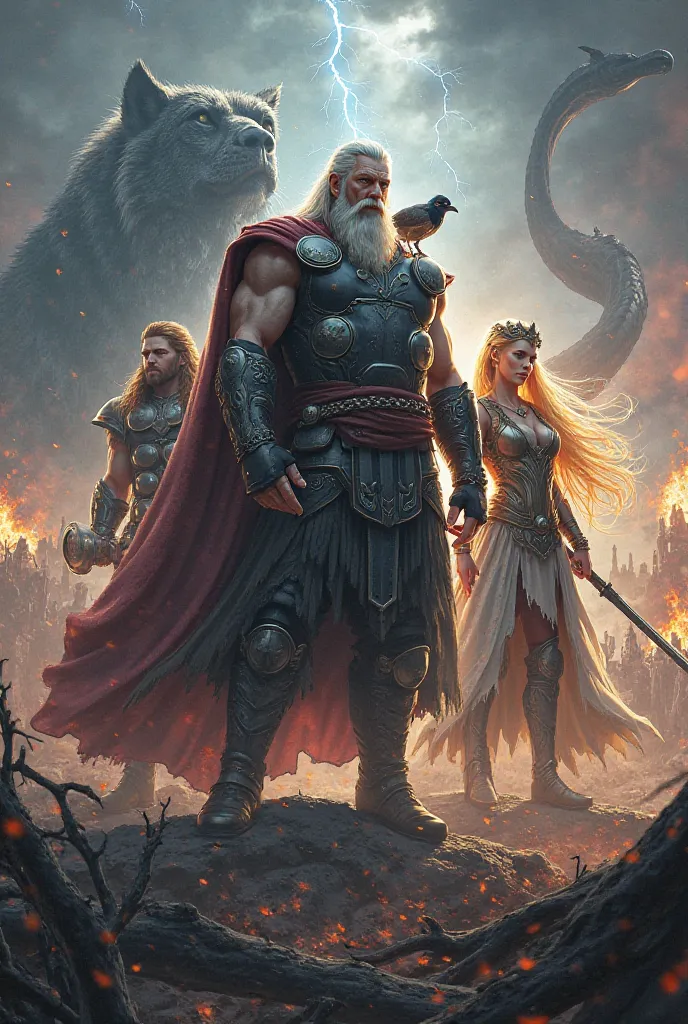 Tu serais me représenter les dieux principaux de la mythologie scandinave avec leurs attributs emblématiques dans un fond de bat...