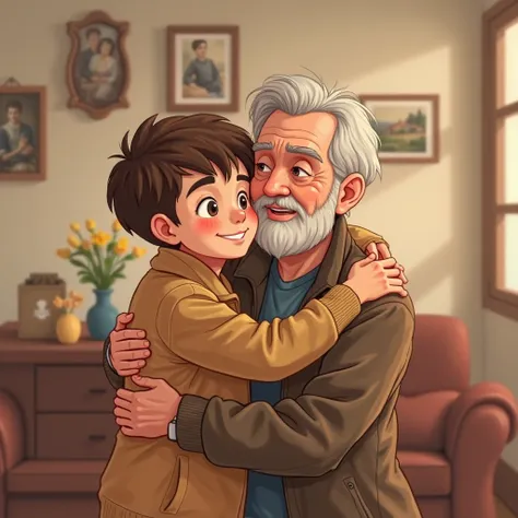 This young brown-haired high school student in a brown jacket, hugging his old father with gray hair in his living room in carto...