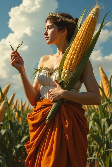 Ancient Greek sexy goddess holding Ears Corn,cloud,wild,imperious,imposing,full body,elaborate ,realistic,epic,8k,masterpiece