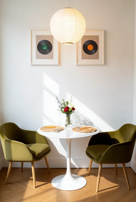 beautifully curated dining nook with a warm and inviting aesthetic. The focal point is a round white tulip-style table with a sm...