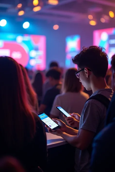 un evenement avec pleins de participant qui participent à un quiz sur leur telephone pour gagner un voyage gratuit