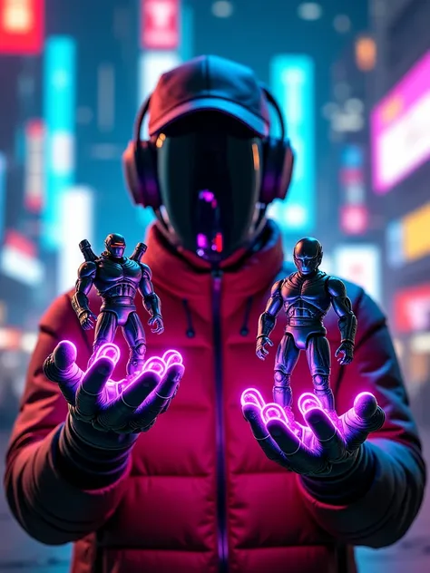 "A futuristic toy collector with glowing cybernetic hands holding rare, neon-lit action figures. The background is a mix of digi...