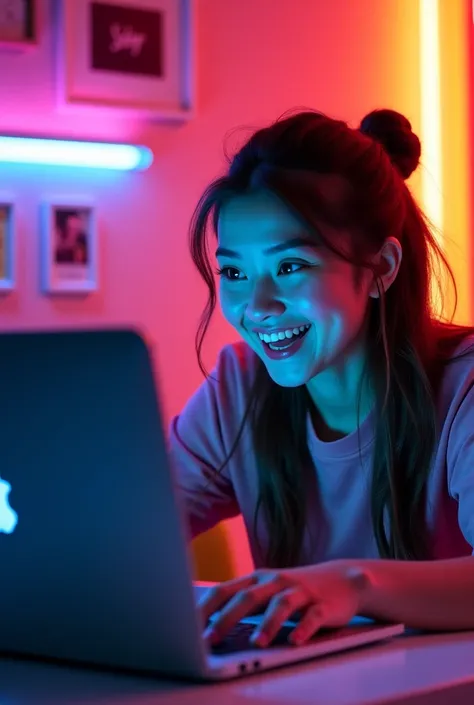 side view. Now the young content creator is radiant, looking at your laptop with wide eyes and a surprised smile. on the screen,...