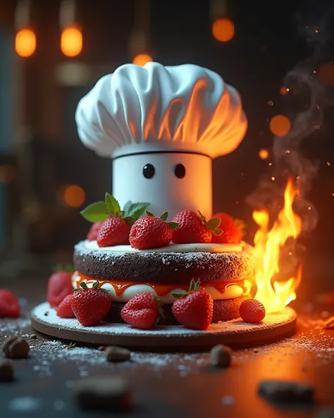 logo office candy chef, white chef hat black details, cake left side, Fire right side, 8k, ultra-detailed, Realistic, fotorReali...