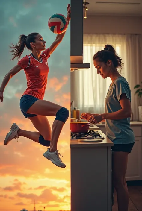 create a picture, where one half is a woman volleyball player, and the other half is also a woman but making soup or washing th...