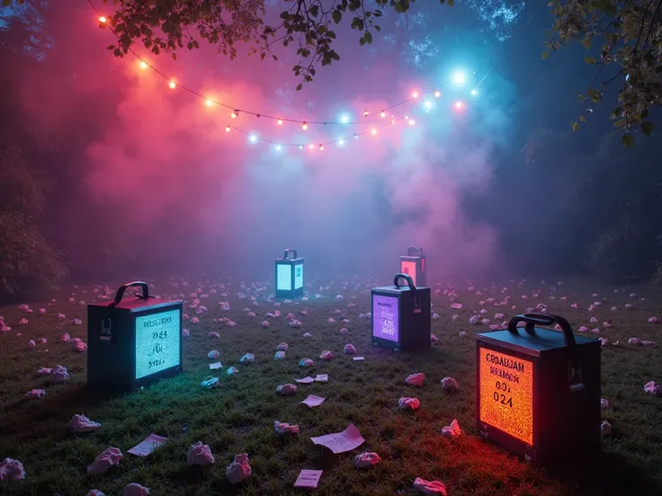 Environment:
Overhead fairy lights cast dramatic shadows through smoke machines
Shattered glowsticks and crumpled exam papers li...