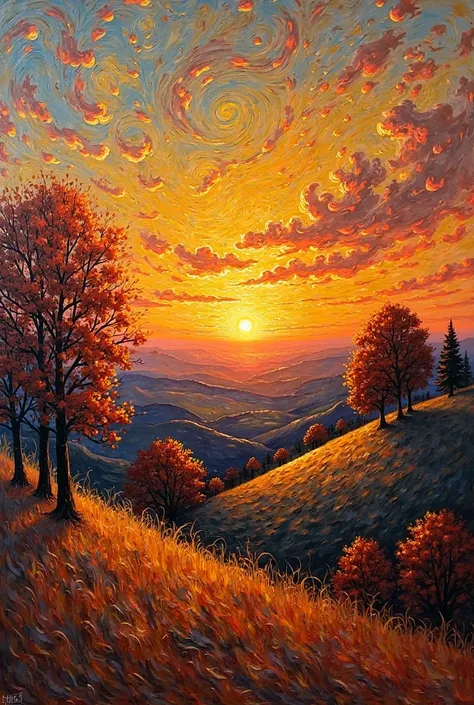 Give me an expressive painting of the sunset in autumn and it will be mysterious in the style of Van Gogh and Da Vinci