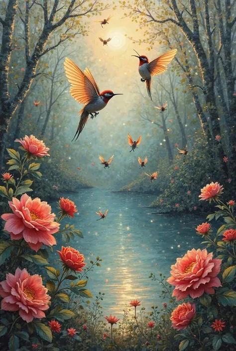 Une peinture à l’huile imitant le style ténébrisme présente un éventail de libellules scintillantes en vol, tandis que d’autres ...
