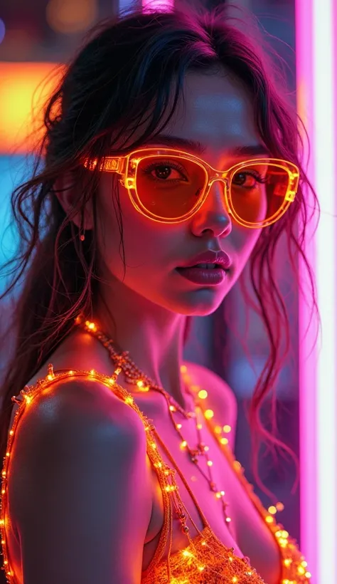 a full body bio limerent woman looking at viewer, Futuristic retro vaporwave, neon woman with long messy wavy hair, wears orange...
