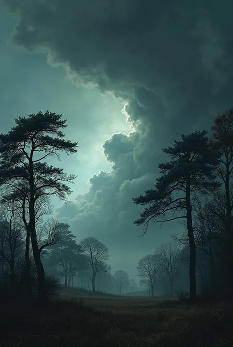 Dark clouds gathering in the sky, with the wind starting to pick up, signaling the approaching storm. The trees are swaying