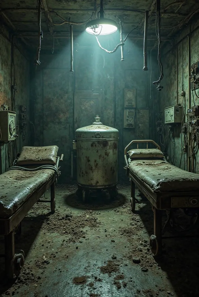 A room filled with old and rusty medical equipment, covered by thick layers of dust and cobwebs. Iron stretchers are leaning aga...
