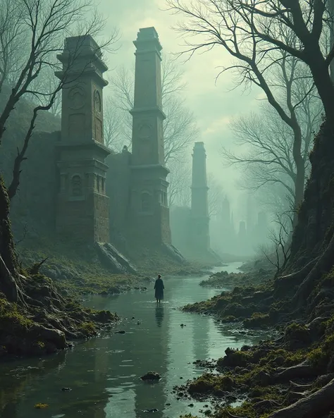Hyper realistic, 8k, sinister necrossis swamp with ruins of ancient monuments