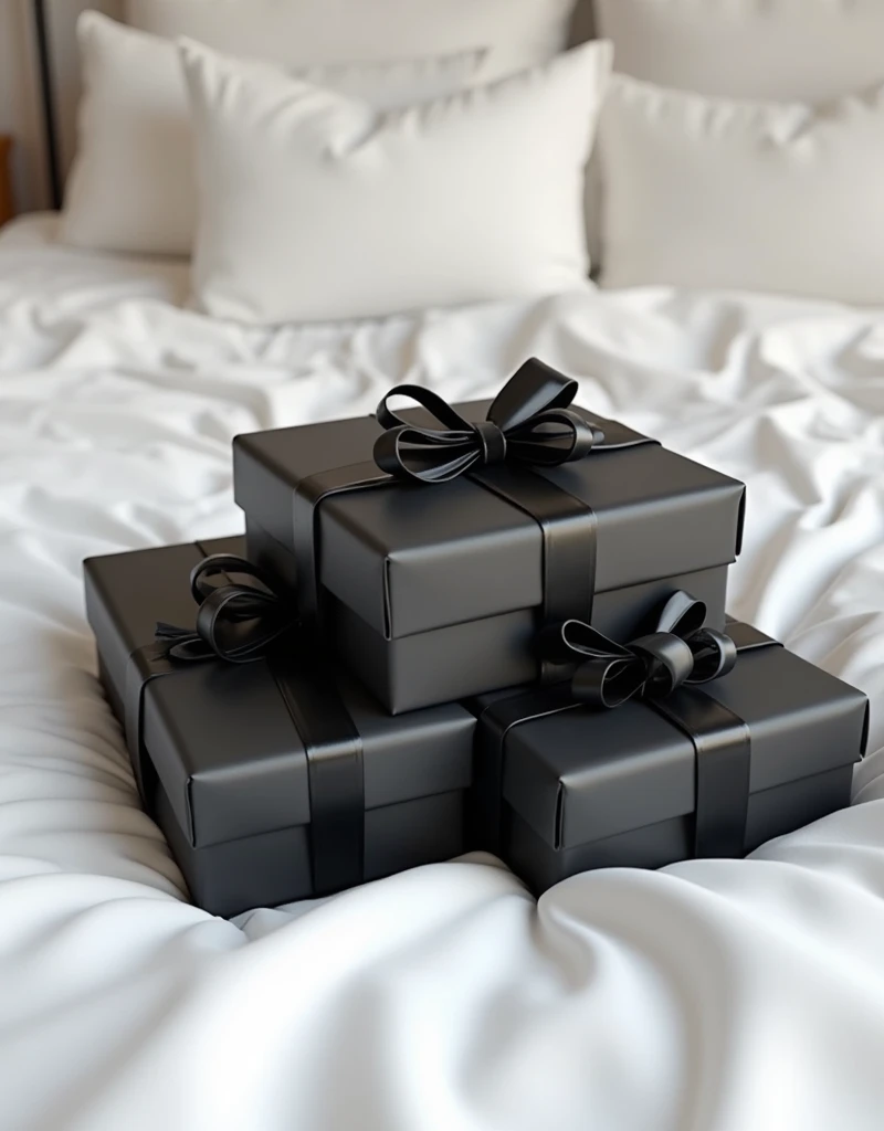 Différentes cadeaux de couleur noir sur un lit avec des couvertures blanches