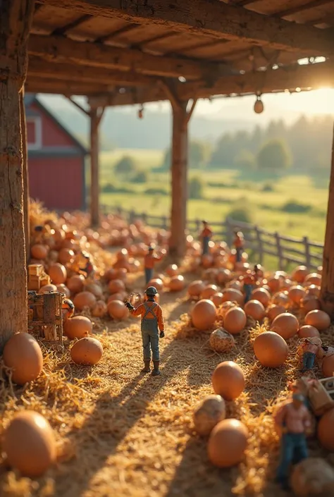 A highly detailed and realistic image of a charming farm where tiny miniature workers are diligently collecting eggs from a huge...