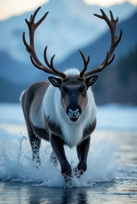 A very strong, muscular reindeer x man with fur around its waist. It has a very majestic appearance. A reindeer walks quickly i...