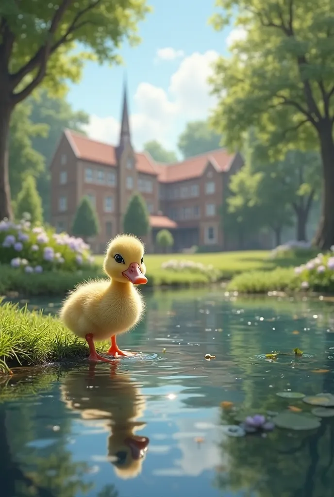 I want an image of a duckling in a beautiful pond at school full HD