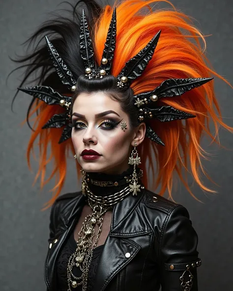 Give me a gothic punk style wig that has halloween and emo accessories and orange hair colored accents thats based on 80s and 90...