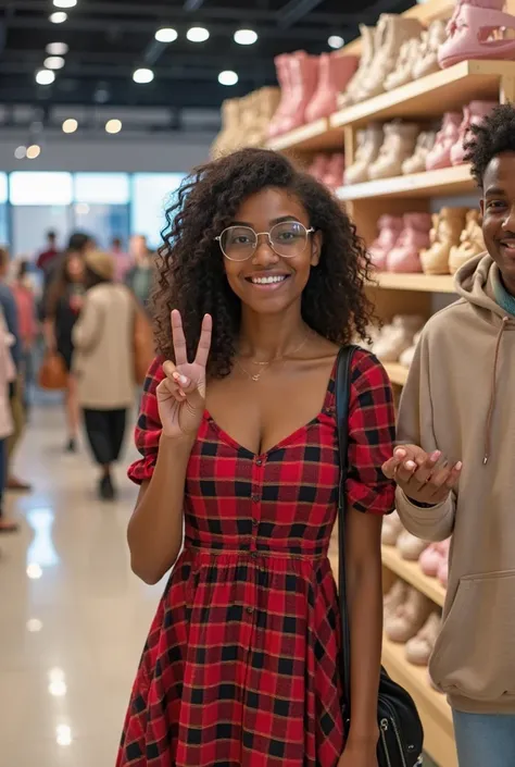 a young woman with brown skin and dark curly hair, tied partially behind . She wears transparent frame glasses and has a friend...