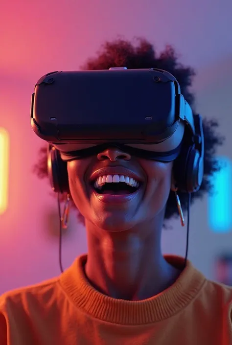 black woman with a surprised and happy symbol wearing virtual reality glasses,