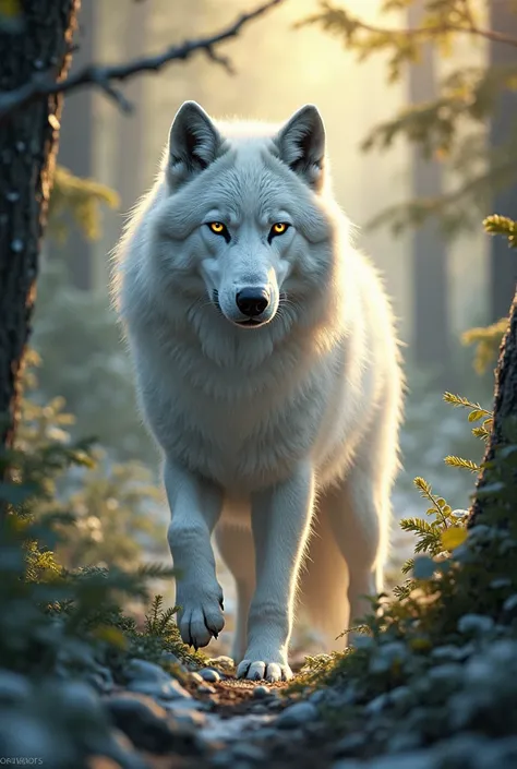 Please, a picture of a beautiful and delicate full white wolf with ONLY the fur on the tip of its ears black and golden eyes in ...