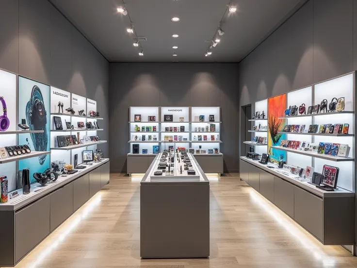 bright and modern , the electronics store's interior features elegant gray walls and a traditional floor, creating a clean and i...