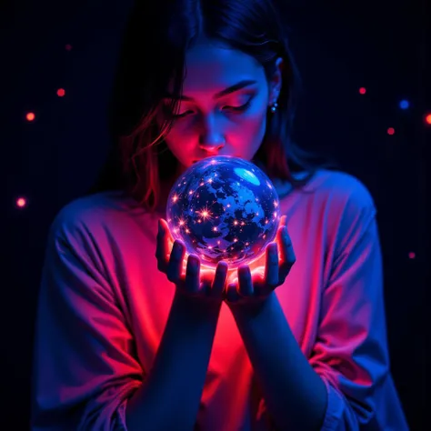 A girl holding a planet in her arms,close up,Glowing fluorescent feeling,Transparency,dream,Monet's color scheme,Texture Matte,h...