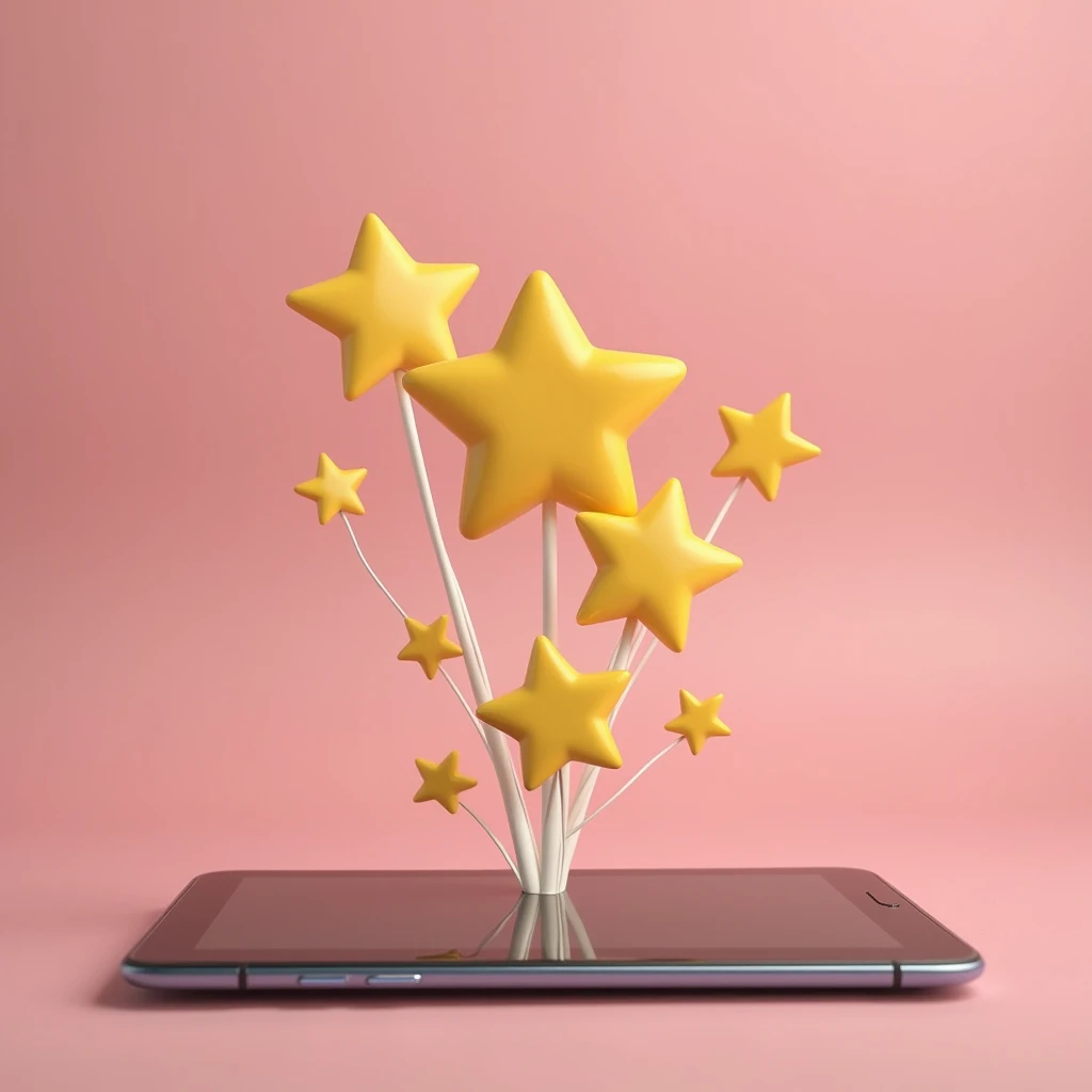 several yellow customer review stars sticking out of an iPad on a pink background with white effects