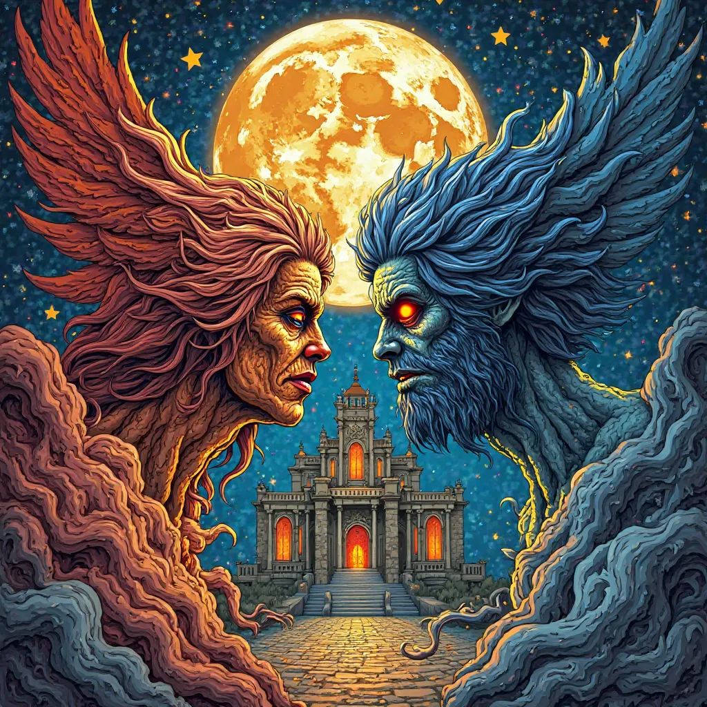 3D woodcut colorful flashy angel and demon in front of a large building scary crooked eyes High resolution, long hair, masterpie...