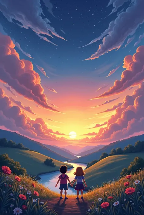"A s' cartoon-style landscape showing a bright sunrise with golden yellow rays transitioning into a peaceful night sky filled wi...