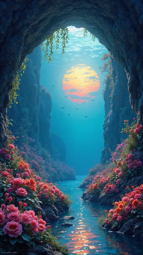 Tropical Undersea cave Mysterious colored sunset shines in spring flowers such as roses and tulips々fills the cave A fantastic wo...