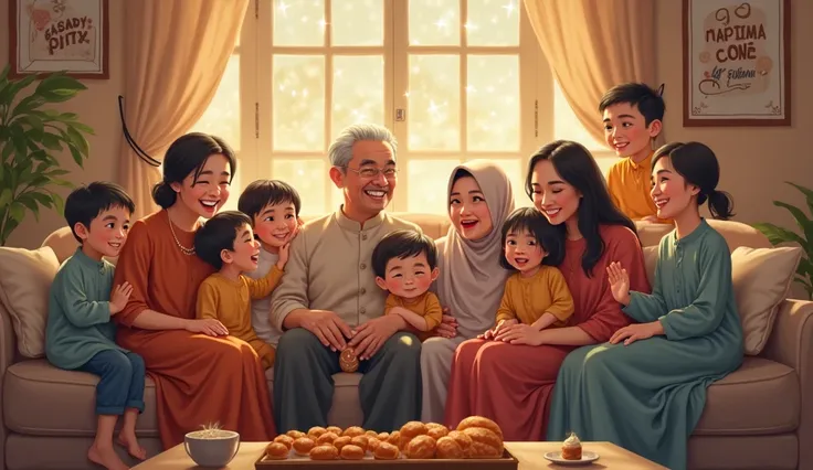 Create realistic illustrations depicting the warm and happy atmosphere of a large family sitting on a sofa in a cozy living room...