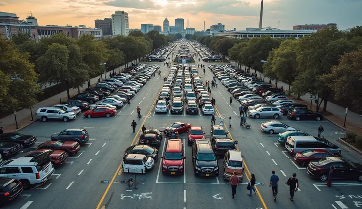 "An aerial view of a crowded parking lot near a major D.C. event venue, with vehicles scattered and pedestrians searching for pa...