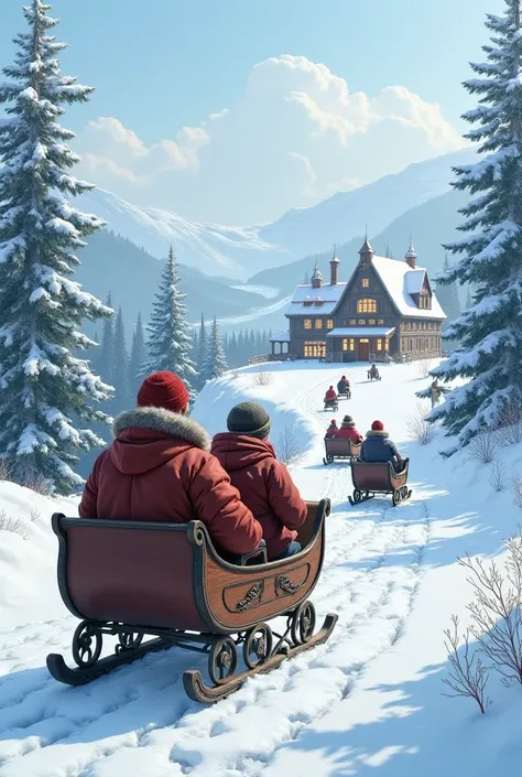 Create me a picture of a landscape on which many old sleighs go one after the other and there is an inn at the end of the way. O...