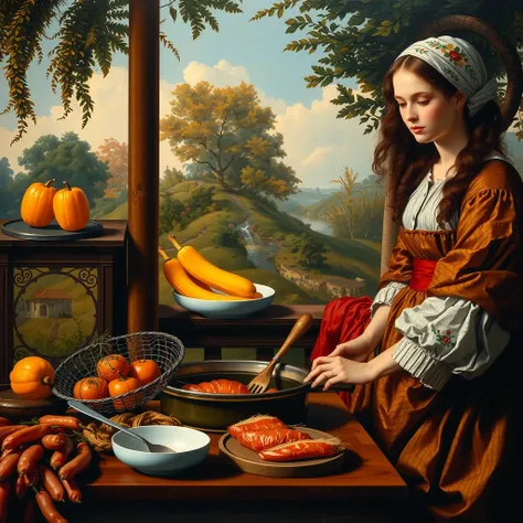 (Dutch Golden Age painting,
(Woman's whole body, full body composition, Alone, I'm cooking with clothes on)), rich color,
...